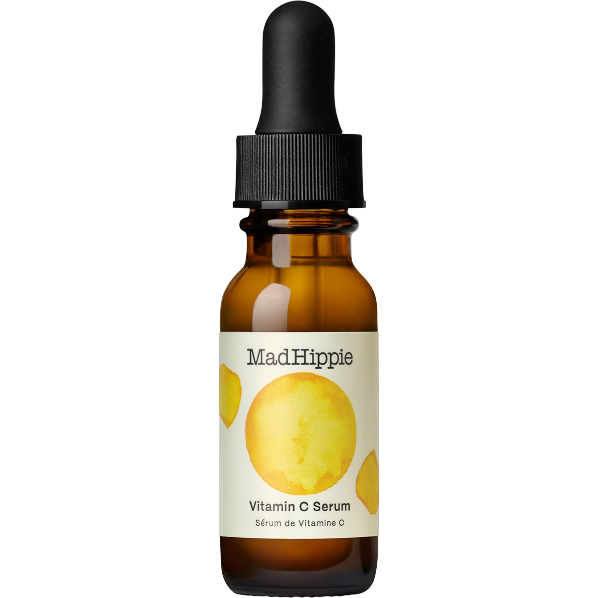 Mad Hippie Vitamin C Serum in an amber glass dropper bottle with a black cap and a cream label featuring a yellow citrus graphic.