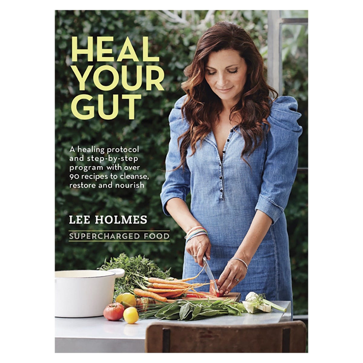 Heal Your Gut book by Lee Holmes featuring a white cover with a blue bowl of soup and botanical illustrations.