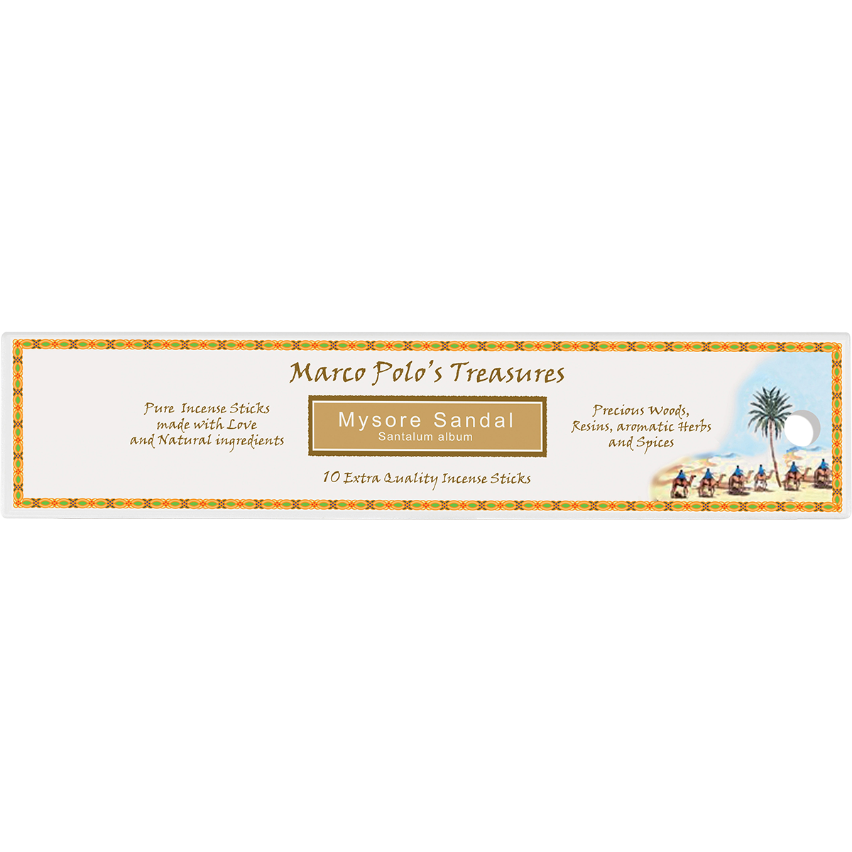 A rectangular product label for Marco Polo's Treasures Mysora Sandal incense sticks, featuring a cream background with a decorative border, brown central title block, and small tropical illustration on the right.