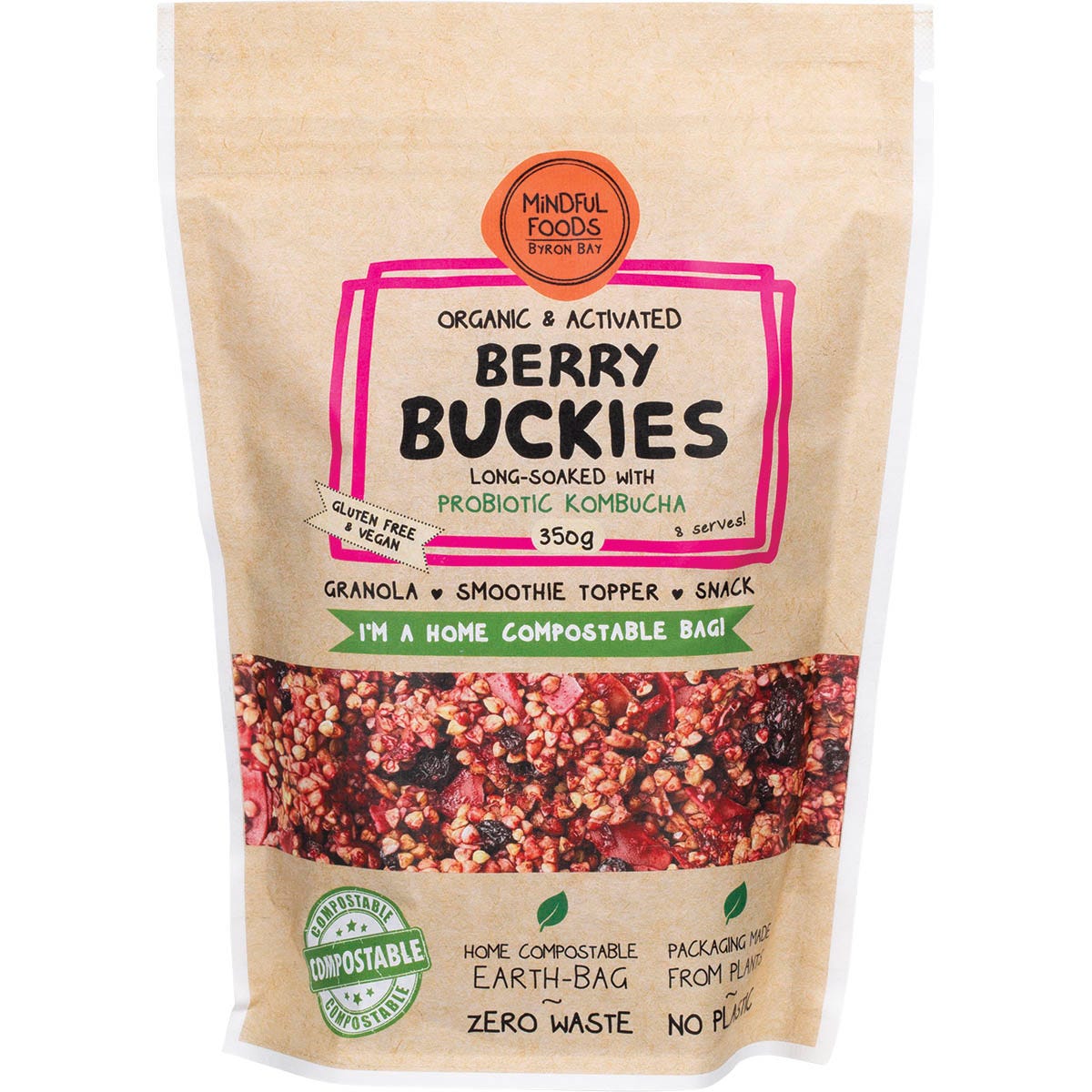 350g bag of Mindful Foods Berry Buckies, featuring organic activated buckwheat kernels and mixed berries.