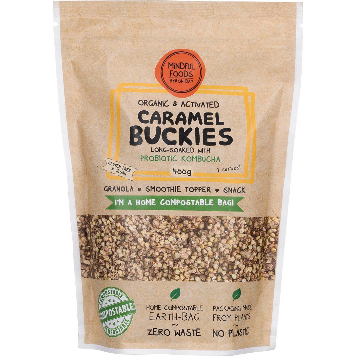 Mindful Foods 400g pack of Caramel Buckies, featuring activated buckwheat with maca and mesquite.