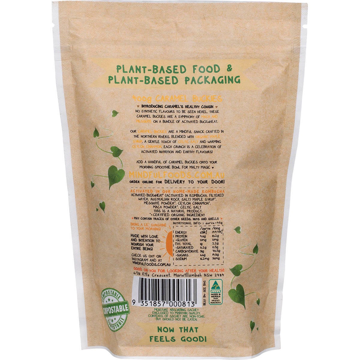 Back of Mindful Foods Caramel Buckies 400g pack showing nutritional facts and organic ingredients on a white background.