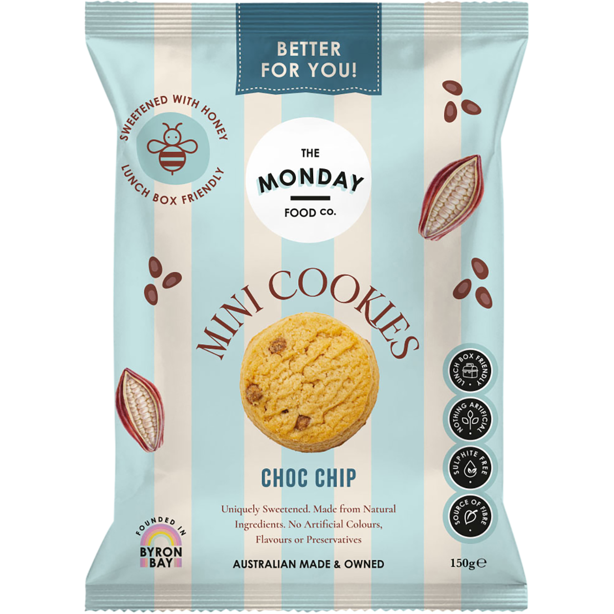 The Monday Food Co. Choc Chip Mini Cookies 150g bag with a white and blue label and illustrated chocolate chips.