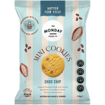 The Monday Food Co. Choc Chip Mini Cookies 150g bag with a white and blue label and illustrated chocolate chips.