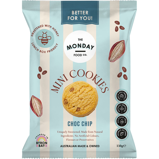 The Monday Food Co. Choc Chip Mini Cookies 150g bag with a white and blue label and illustrated chocolate chips.