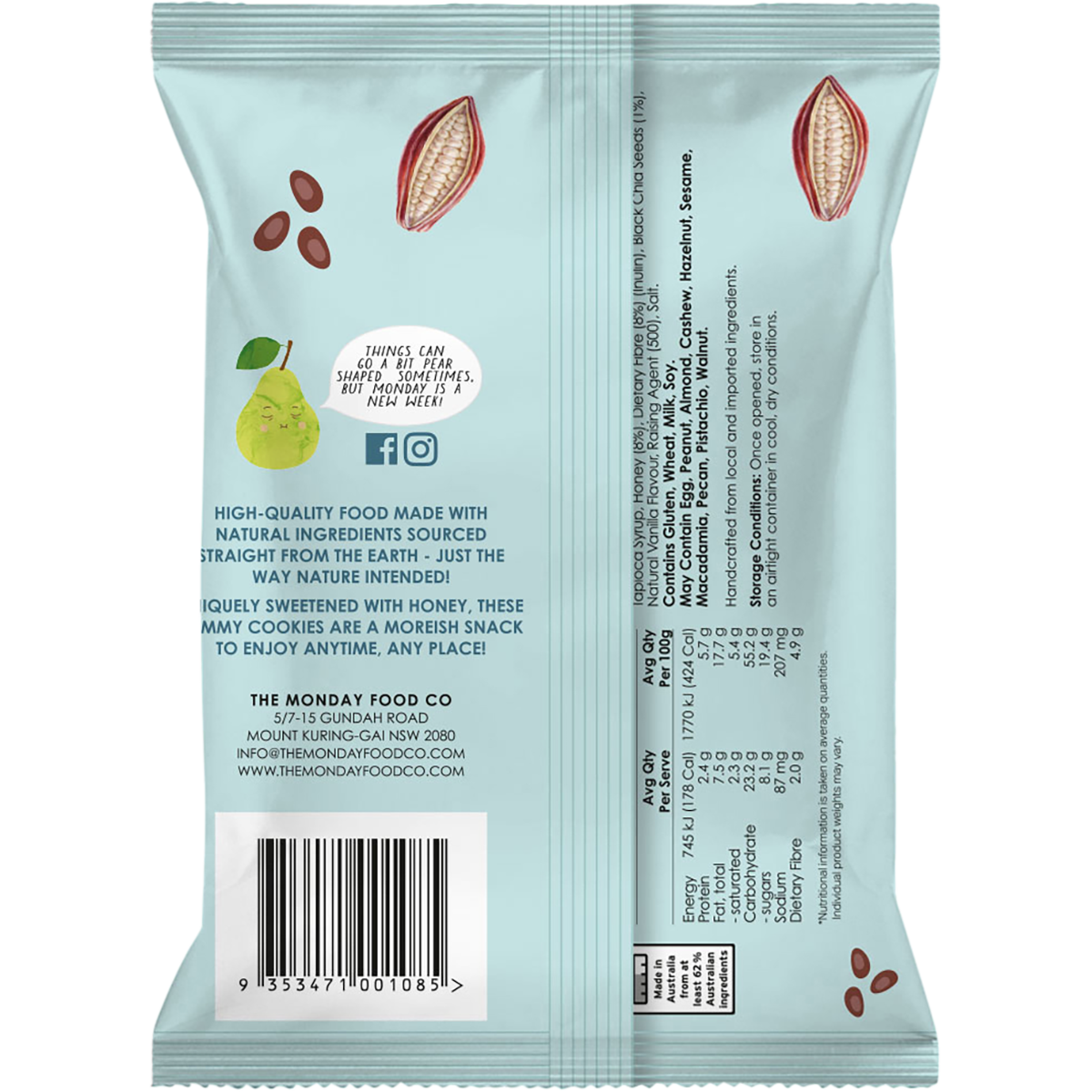 Back of a 150g bag of The Monday Food Co. Choc Chip Mini Cookies showing ingredients and nutritional facts.