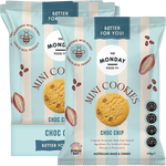 The Monday Food Co. Choc Chip Mini Cookies 150g bag next to a display box and chocolate chip cookies.