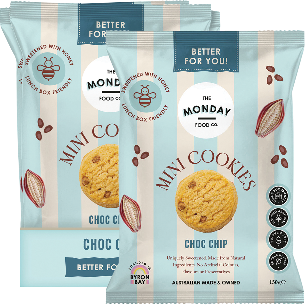 The Monday Food Co. Choc Chip Mini Cookies 150g bag next to a display box and chocolate chip cookies.