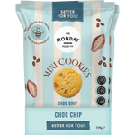 A blue and white display box filled with several bags of The Monday Food Co. Choc Chip Mini Cookies.