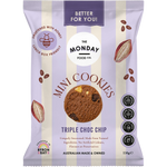 The Monday Food Co. Triple Choc Chip Mini Cookies 150g bag with chocolate chip cookie and ingredients imagery.