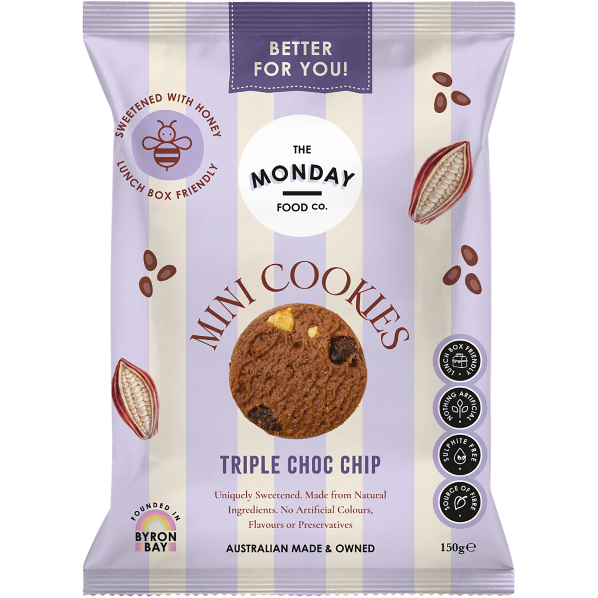 The Monday Food Co. Triple Choc Chip Mini Cookies 150g bag with chocolate chip cookie and ingredients imagery.