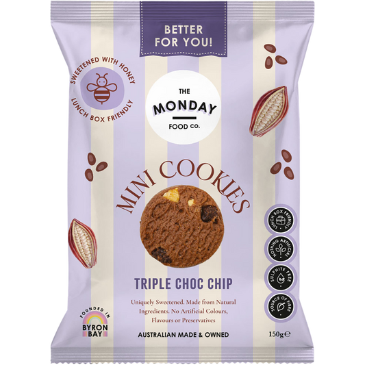 The Monday Food Co. Triple Choc Chip Mini Cookies 150g bag with chocolate chip cookie and ingredients imagery.