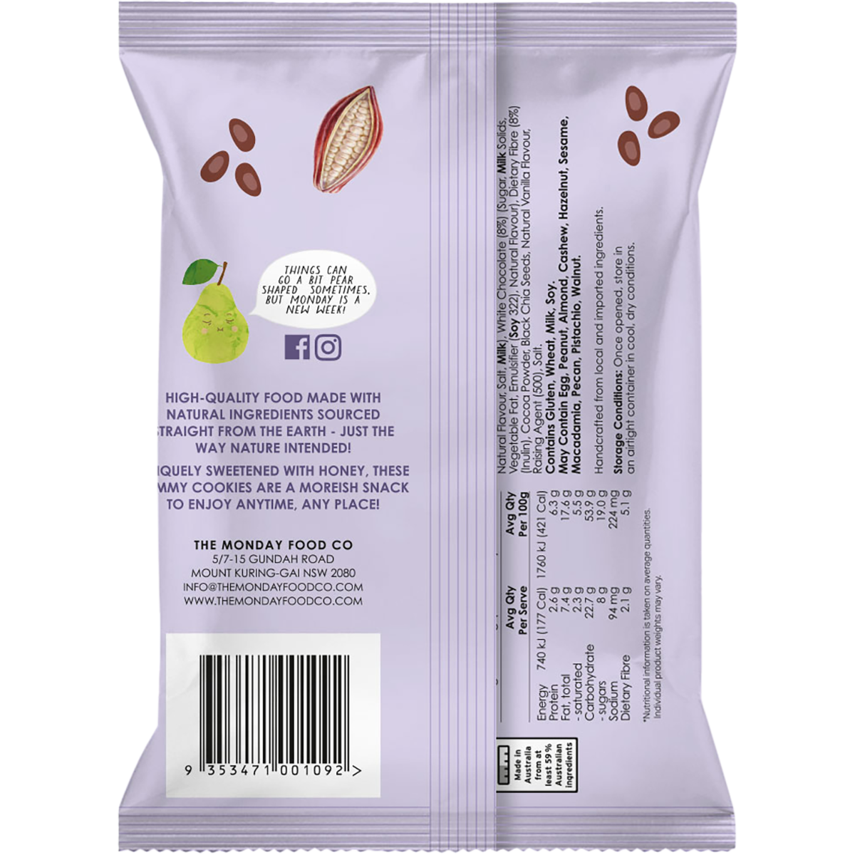 Back of a 150g bag of The Monday Food Co. Triple Choc Chip Mini Cookies showing ingredients and nutritional facts.