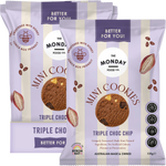 The Monday Food Co. Triple Choc Chip Mini Cookies 150g bag shown next to its retail display box.