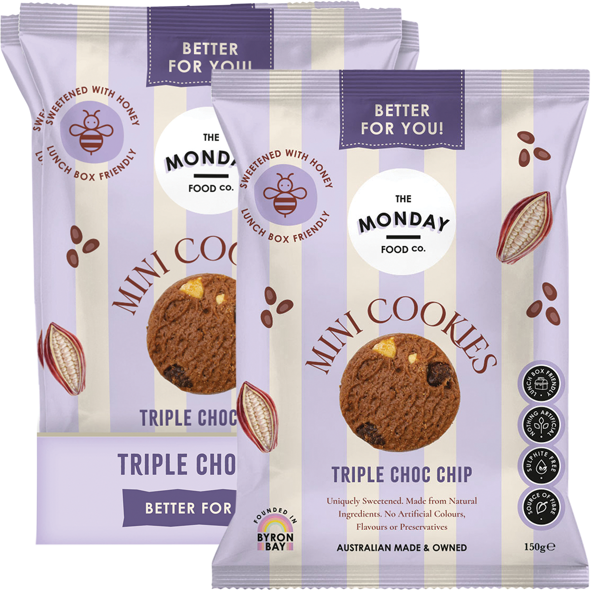 The Monday Food Co. Triple Choc Chip Mini Cookies 150g bag shown next to its retail display box.
