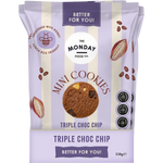 Retail display box filled with several 150g bags of Triple Choc Chip Mini Cookies by The Monday Food Co.