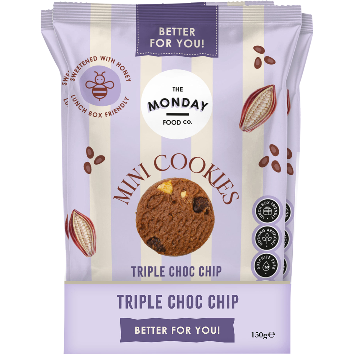 Retail display box filled with several 150g bags of Triple Choc Chip Mini Cookies by The Monday Food Co.