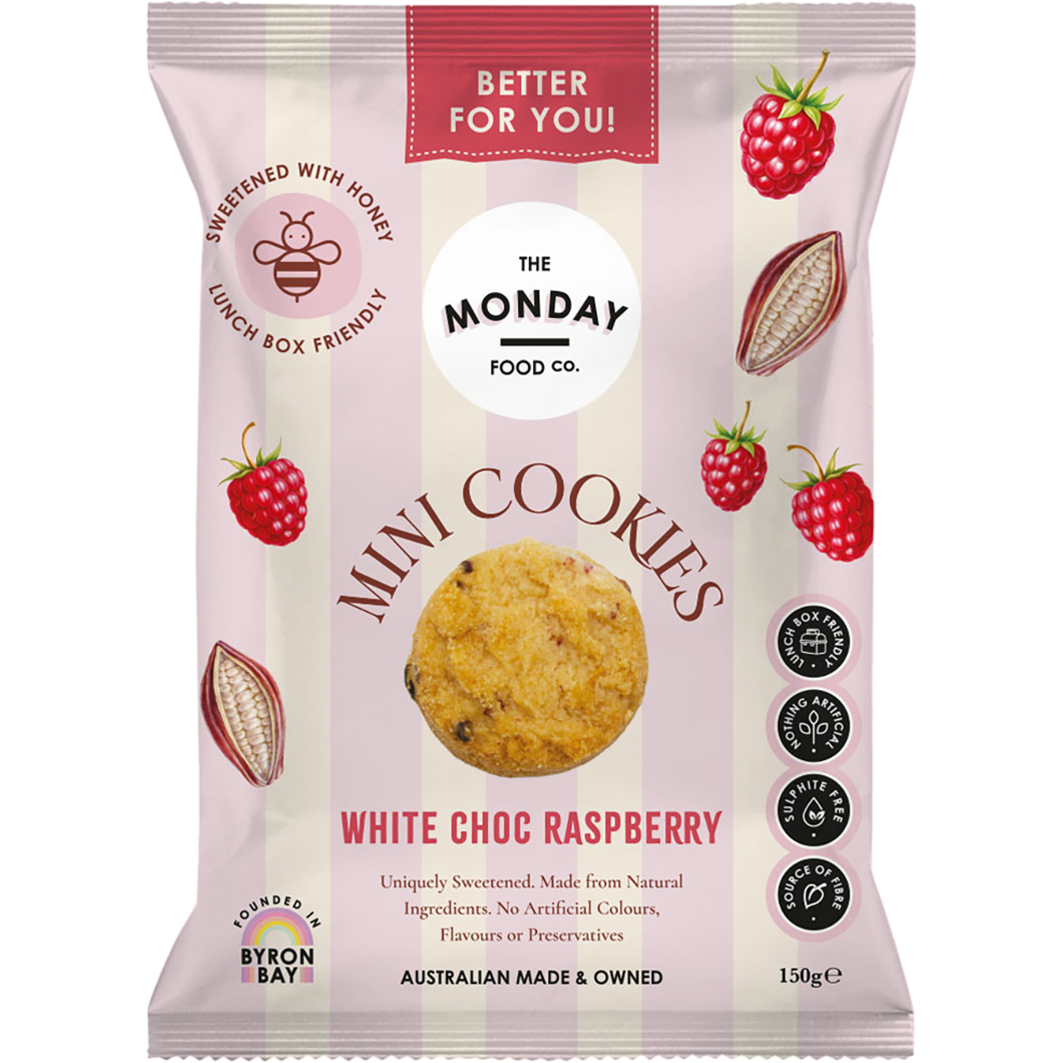 White bag of The Monday Food Co. White Choc Raspberry Mini Cookies with a pink label and raspberry illustrations.