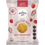 White bag of The Monday Food Co. White Choc Raspberry Mini Cookies with a pink label and raspberry illustrations.
