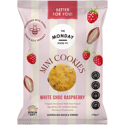 White bag of The Monday Food Co. White Choc Raspberry Mini Cookies with a pink label and raspberry illustrations.