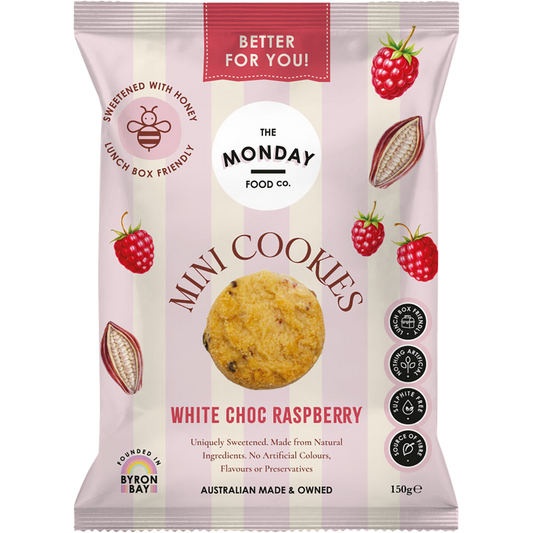 White bag of The Monday Food Co. White Choc Raspberry Mini Cookies with a pink label and raspberry illustrations.