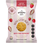 White bag of The Monday Food Co. White Choc Raspberry Mini Cookies with a pink label and raspberry illustrations.