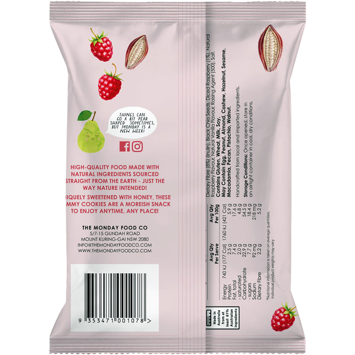 Back of white The Monday Food Co. cookie bag with ingredients, nutrition facts, and barcode.
