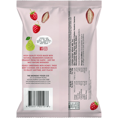 Back of white The Monday Food Co. cookie bag with ingredients, nutrition facts, and barcode.