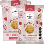 White Choc Raspberry Mini Cookies bag and display box with loose cookies on a white background.