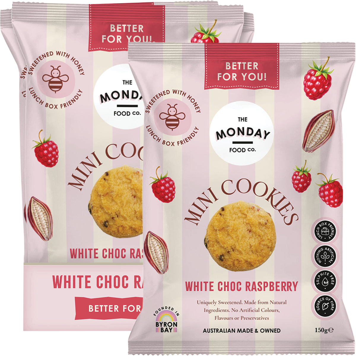 White Choc Raspberry Mini Cookies bag and display box with loose cookies on a white background.