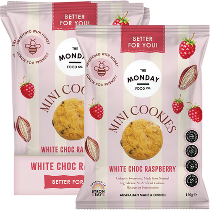 White Choc Raspberry Mini Cookies bag and display box with loose cookies on a white background.