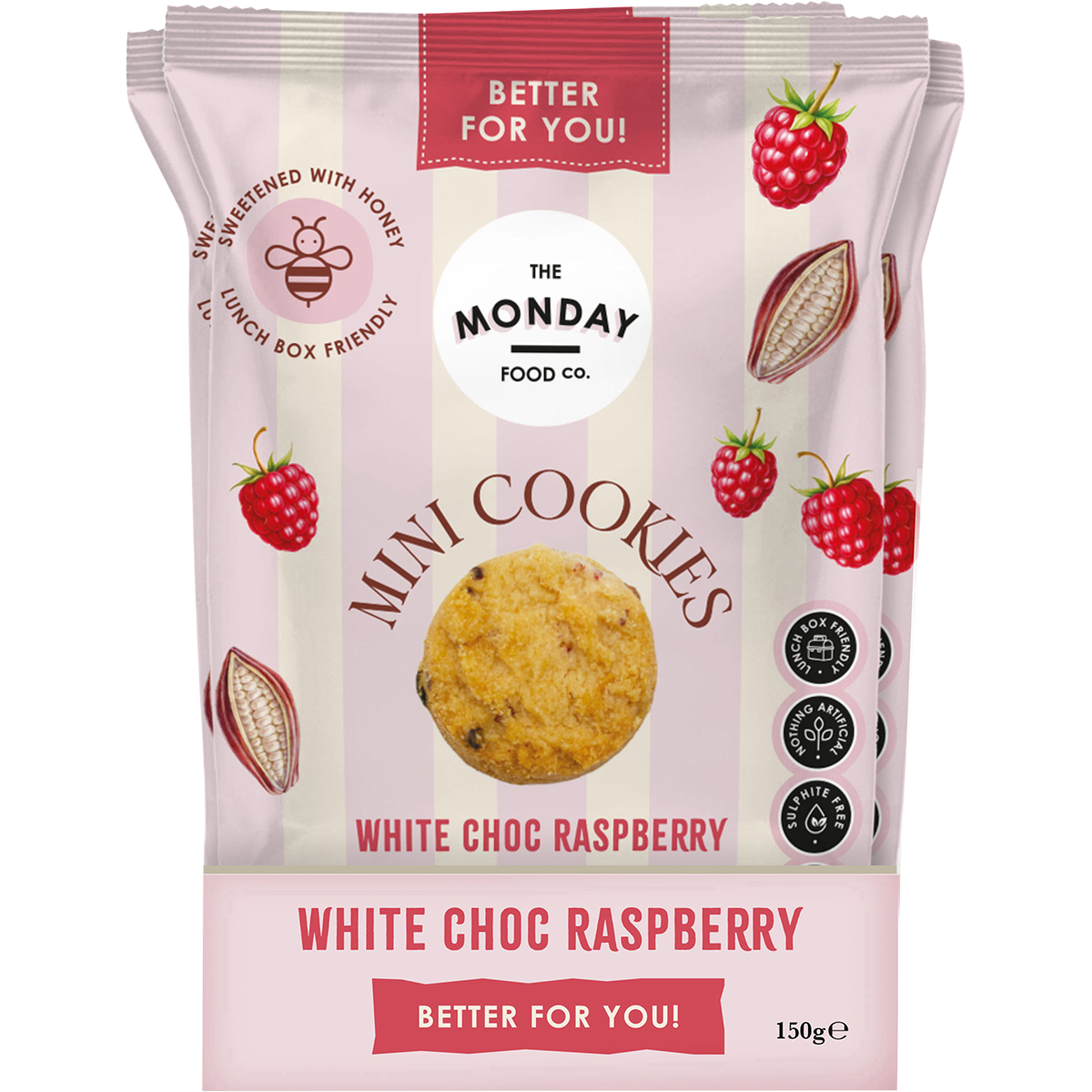 Retail display box filled with several white and pink bags of The Monday Food Co. White Choc Raspberry Mini Cookies.