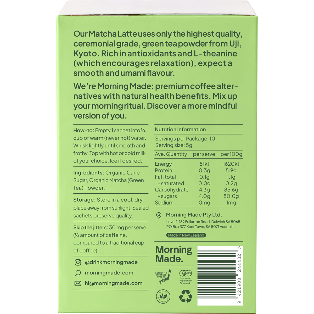Back of Morning Made Matcha Latte box showing nutrition facts, ingredients, and preparation instructions.