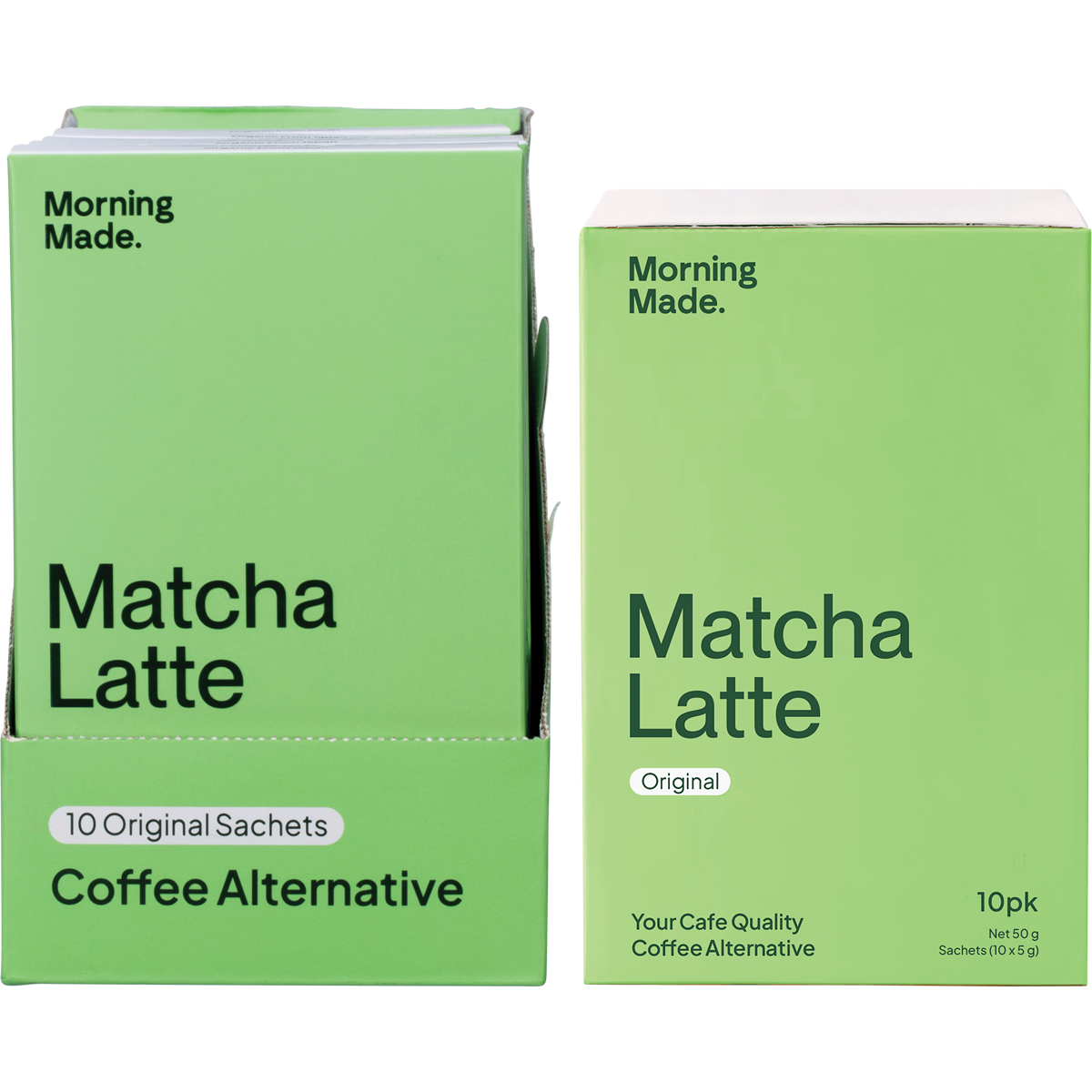Box and sachet of Morning Made Original Matcha Latte featuring ceremonial grade green tea from Uji, Kyoto.