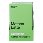 Retail display box for Morning Made Original Matcha Latte with individual 5g sachets and ceremonial grade green tea.