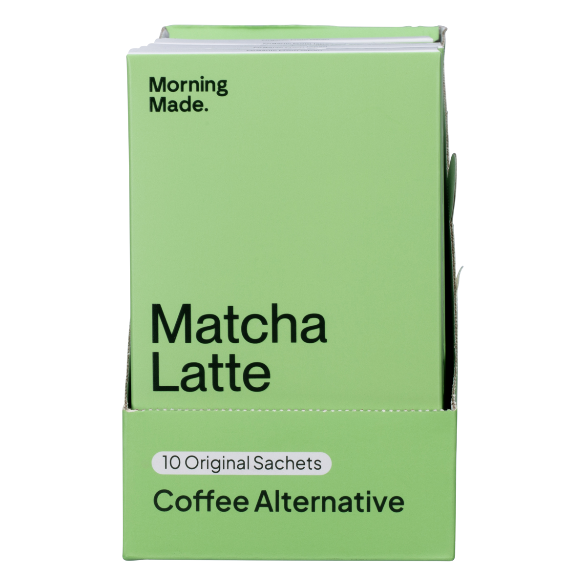Retail display box for Morning Made Original Matcha Latte with individual 5g sachets and ceremonial grade green tea.