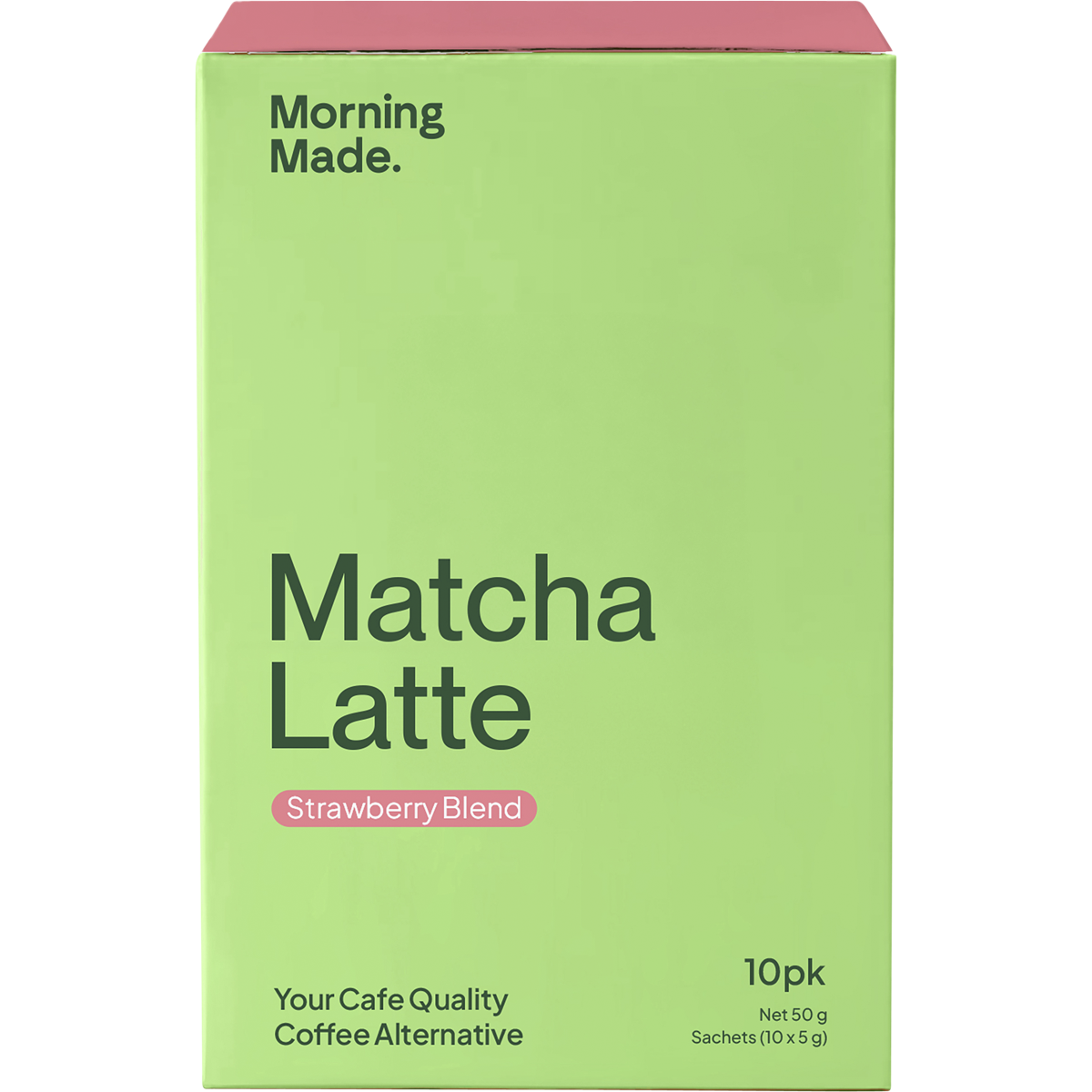 Morning Made Strawberry Matcha Latte box with a single-serve sachet on a white background.