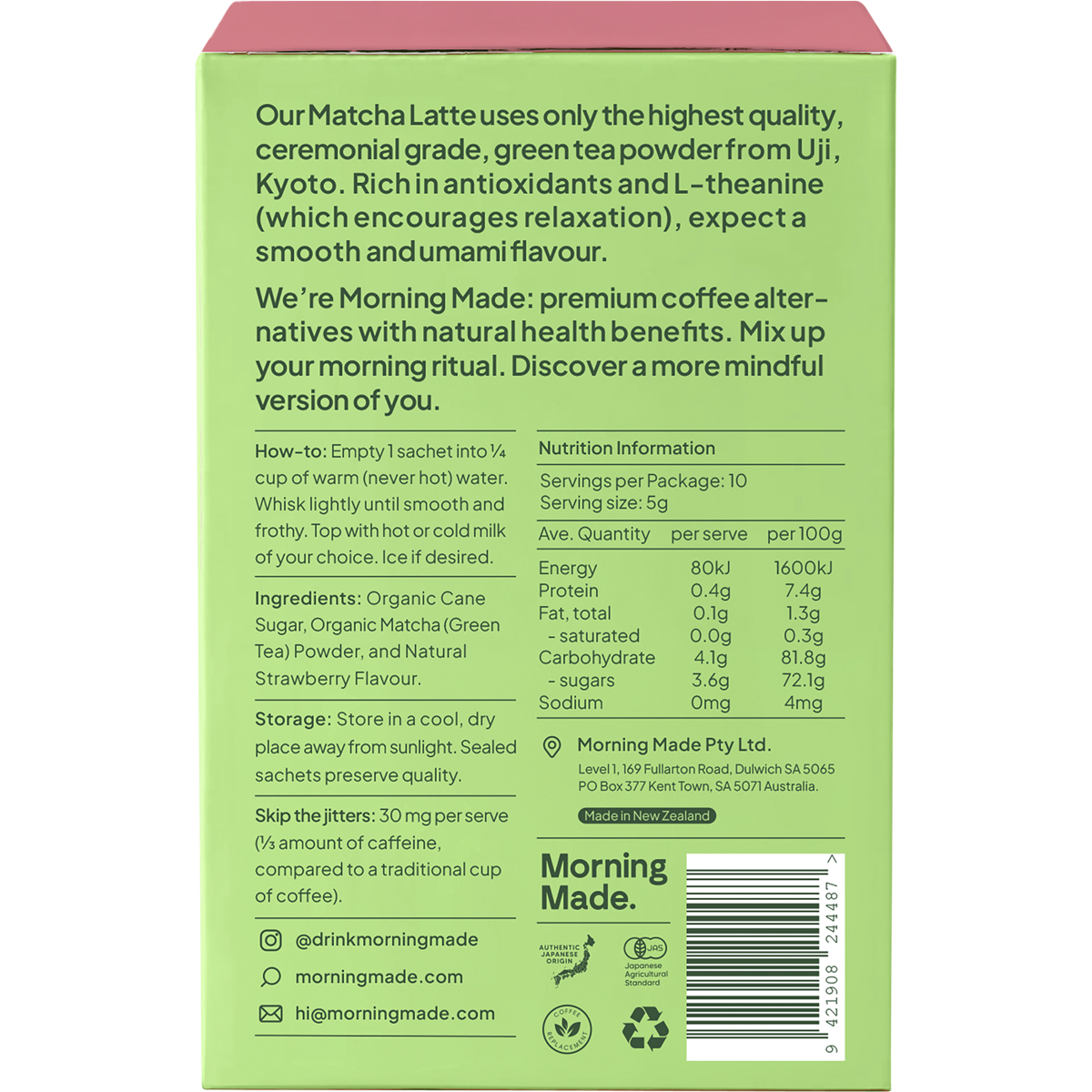 Back of Morning Made Strawberry Matcha Latte box with nutrition facts, ingredients, and preparation instructions.