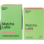 Morning Made Strawberry Matcha Latte box with a single-serve sachet and a prepared pink latte in a glass.