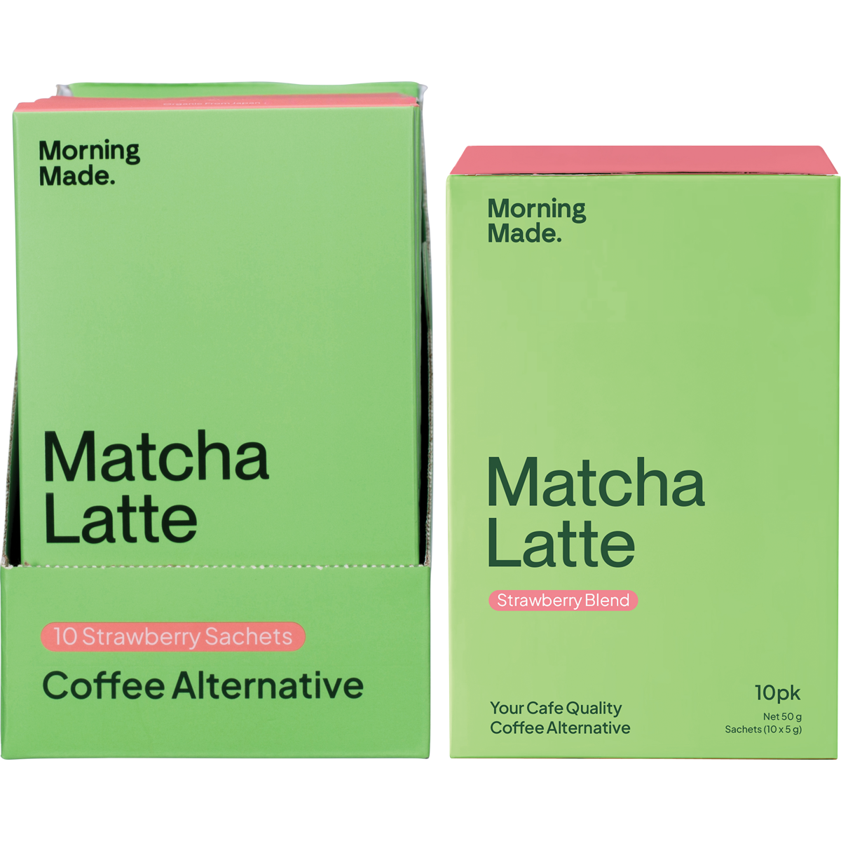 Morning Made Strawberry Matcha Latte box with a single-serve sachet and a prepared pink latte in a glass.