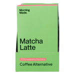 Retail display box of Morning Made Strawberry Matcha Latte with individual 5g sachets on a white background.