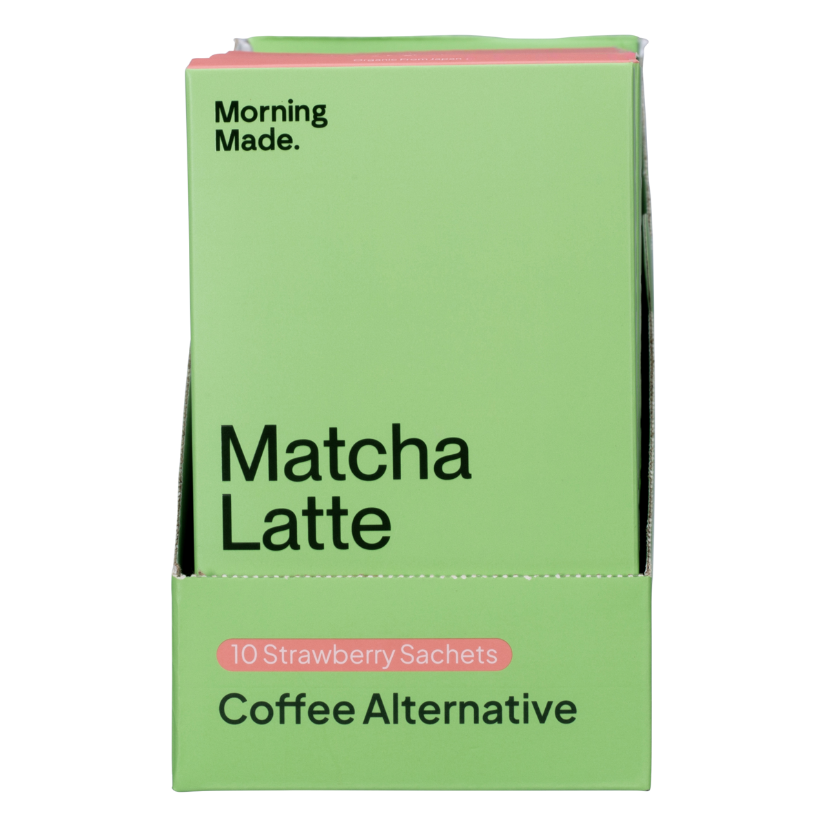 Retail display box of Morning Made Strawberry Matcha Latte with individual 5g sachets on a white background.