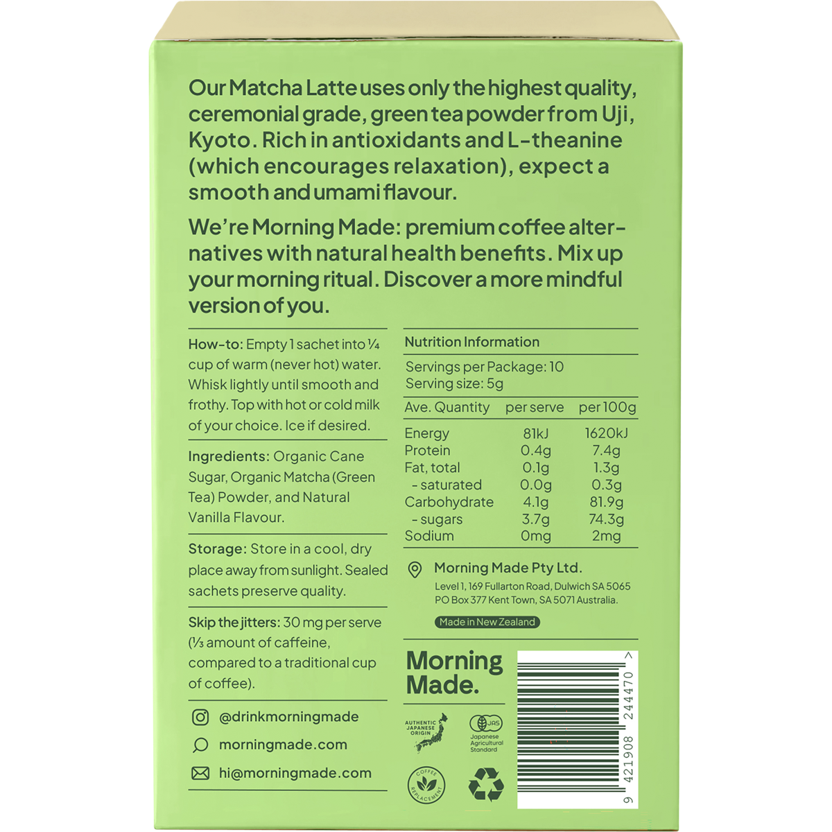 Back of Morning Made Vanilla Matcha Latte box with nutrition facts, ingredients list, and preparation instructions.
