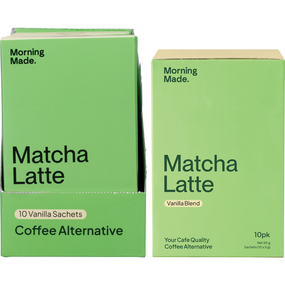 Morning Made Vanilla Matcha Latte box and sachet with ceremonial grade matcha and organic ingredients.