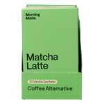 Retail display box of Morning Made Vanilla Matcha Latte sachets on a white background.