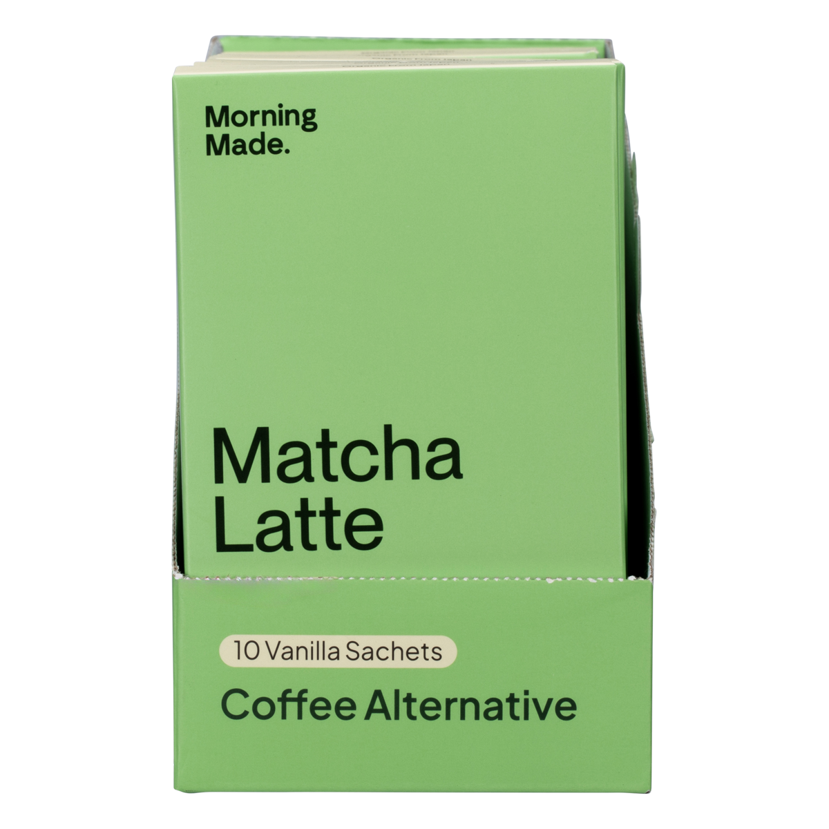 Retail display box of Morning Made Vanilla Matcha Latte sachets on a white background.