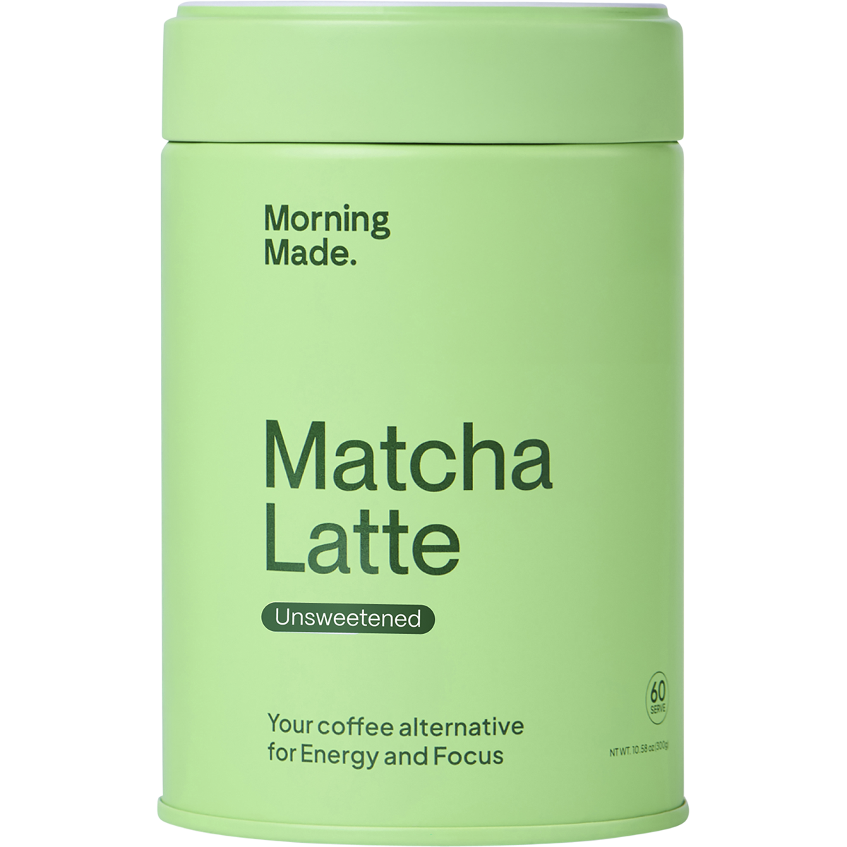 60g tin of Morning Made Unsweetened Matcha Latte, a ceremonial grade green tea powder from Japan.