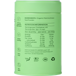 Back of a 60g tin of Morning Made Unsweetened Matcha Latte showing ingredients and brewing instructions.