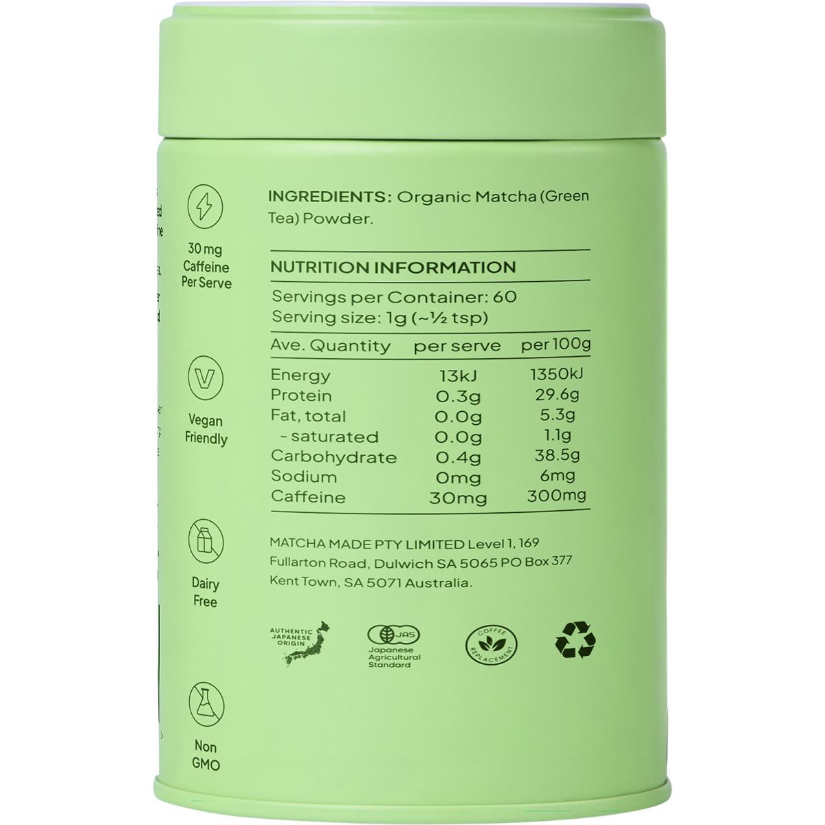 Back of a 60g tin of Morning Made Unsweetened Matcha Latte showing ingredients and brewing instructions.