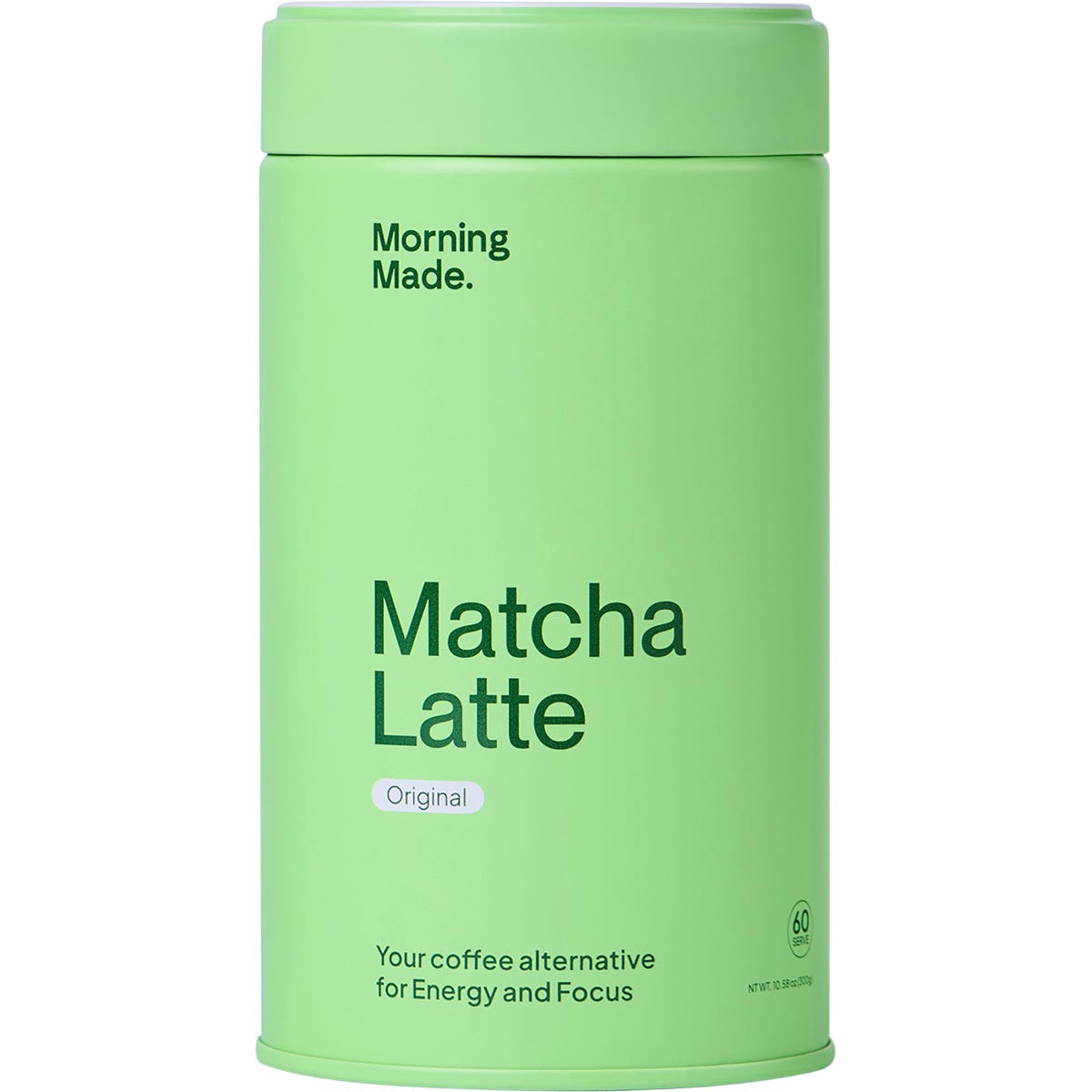 300g tub of Morning Made Original Matcha Latte featuring ceremonial grade matcha and organic ingredients.